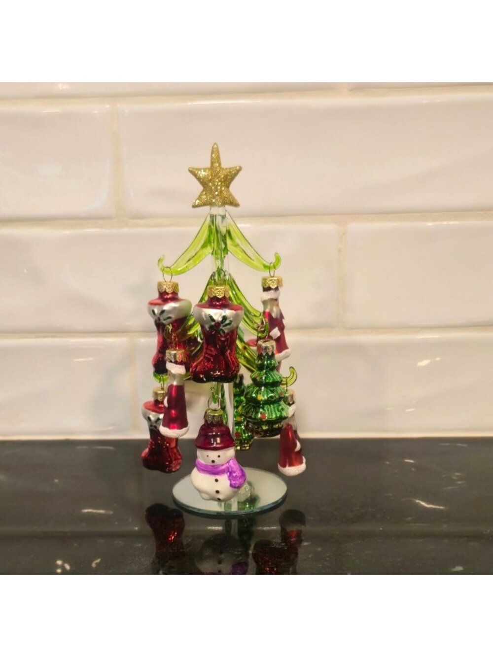 Vintage glass Christmas Tree with Mini mercury Ornaments Hand Blown snowman 8"